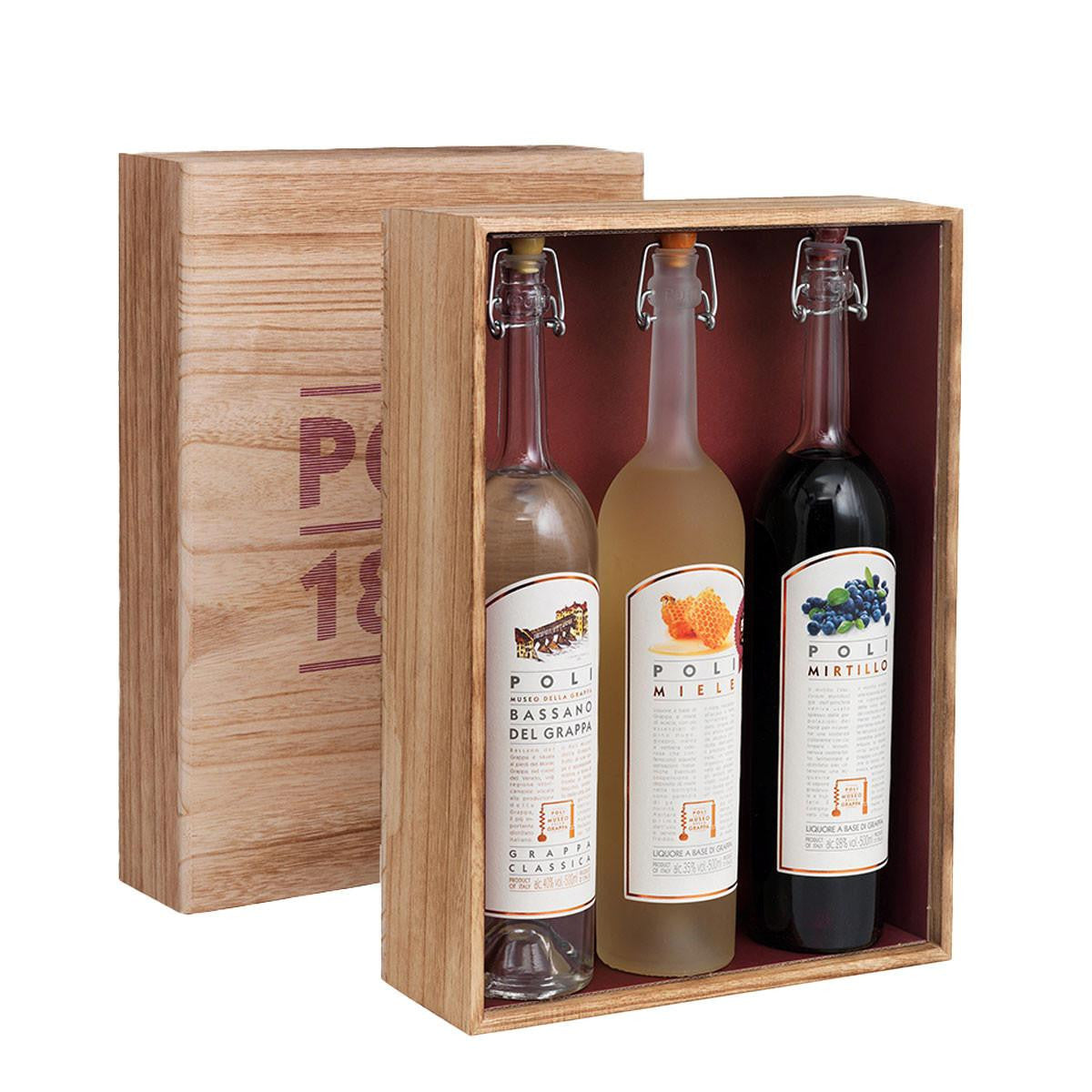 Confezione Legno Grappa Bassano,  Miele e Mirtillo (3x50 Cl) - Distilleria Poli