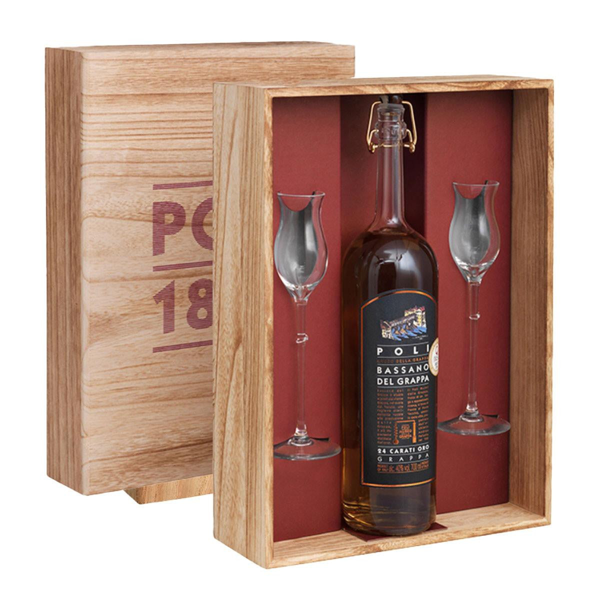 Grappa Bassano 24 Carati Astuccio Legno + 2 Bicchieri - Distilleria Poli