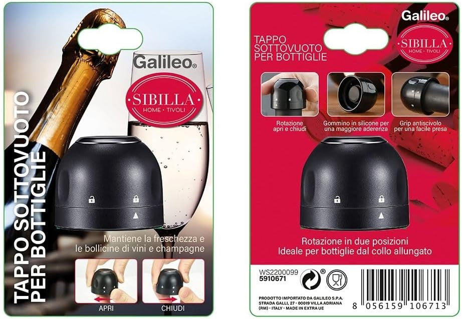 Tappo sottovuoto per bottiglie, sistema di blocco-sblocco e grip antiscivolo, Sibilla - Galileo